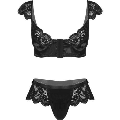 Men Lace Patchwork Satin Lingerie Suit Sissy Gay Underwear Nightwear Front Closure Bralette Bra Tops With Bowknot Decor Panties