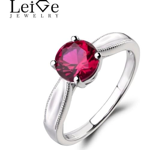 Leige Jewelry Lab Ruby Ring Engagement Ring Round Cut Red Gemstone 925 Sterling Silver Ring July Birthstone Solitaire Ring Gifts