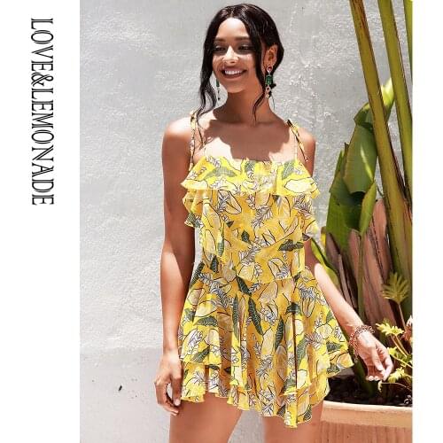 LOVE&LEMONADE Sexy Sling Layered Ruffle A-Line Yellow Print Beach Mini Dress LM82340-A