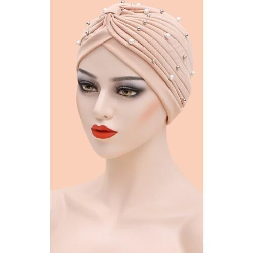 Fashion Women Pleated Beading Turban Cap Stretchy Muslim Headscarf Bonnet Hat Easy to Wear Hijab Femme Musulman Head Wraps Caps