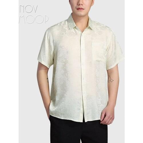 Novmoop 100% natural silk mens shirt top soft touch jacquard floral pattern noble smart casual style Chemise en soie LT3471