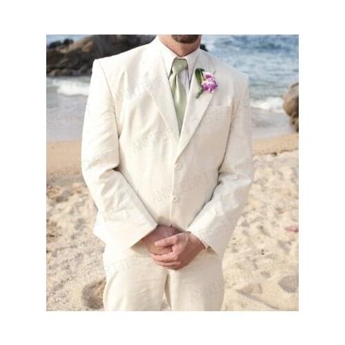 ANNIEBRITNEY Latest Coat Pant Designs Linen Suit Summer Beach Wedding Suits For Men Groom Man Party Prom Tuxedos Custom Size Set