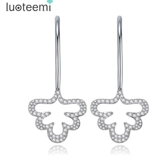 LUOTEEMI New Arrival Wholesale Elegant White Gold-Color Flash CZ Flower Ear Hook Drop Earrings Girl Party Women Jewelry Gift