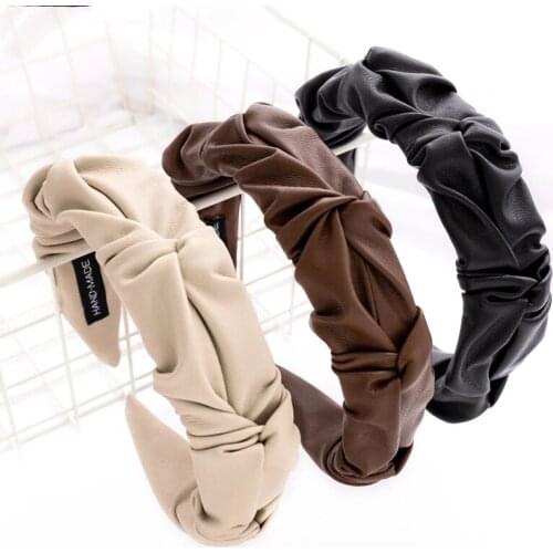 Vintage PU Leather Fold Bezel Hairband Hair Accessories Solid Color Wide-brimmed Hair Hoop Headwear Women Wash Face Ornament