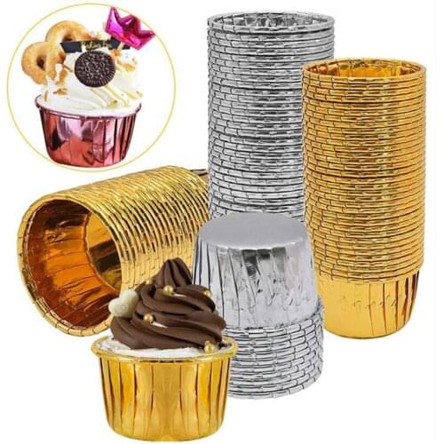 50pcs Cupcake Wrappers Crimping Muffin Cases Cake Liner Gold Silver Coated Paper Cups Heat Resistant Baking Mold Cake Supplies