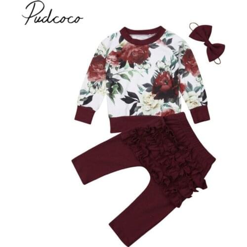 2018 Brand New Newborn Infant Baby Girls Autumn Clothes Sets Floral Long Sleeve Pullover Sweatshirt Tops+Ruffles Pants+Headband