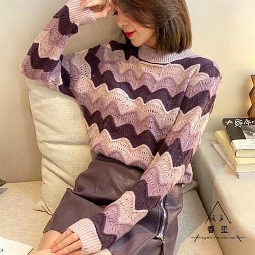 T-shirt Autumn Half High Crew Neck Pullover Top Striped Hollow Out Vintage Sweater for Women