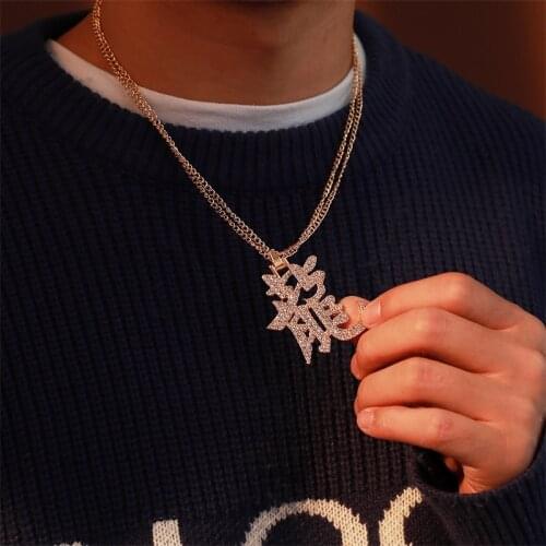 Retro National Style Chinese Character Zodiac Dragon Necklaces for Men Full Rhinestone Double-layer Gold Sweater Chain Jewelry