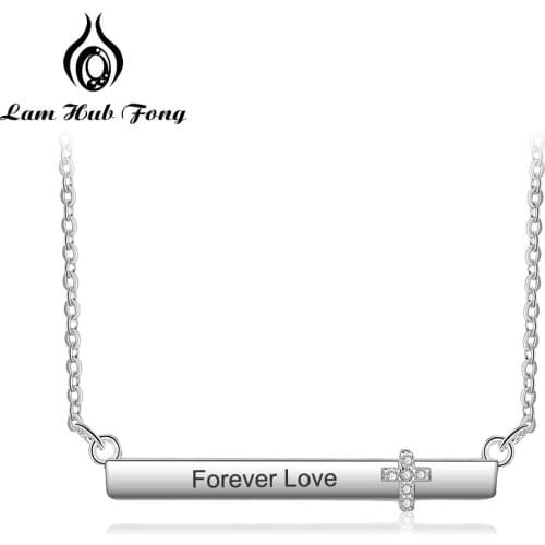 Personalized Name Bar Necklace with Cross 925 Sterling Silver Engraved Necklaces for Women Custom Nameplate (Lam Hub Fong)