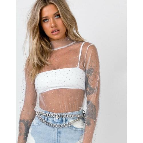 Hirigin Sexy Women Lace Transparent Mesh Sheer Top Long Sleeve High Neck Blouse Ladies Casual Loose Blouse Top White Black