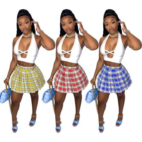 Spring Summer 2021 Two Piece Set Women Sexy Sleeveless Crop Top Pleated Skirt Suit Club Outfits Fashion Lounge Wear Streetwear