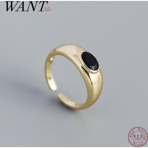 WANTME Silver Rings Punk Oval Geometric Black Zircon Open Ring for Women 925 Sterling Silver Classic Retro Rock Men Jewelry