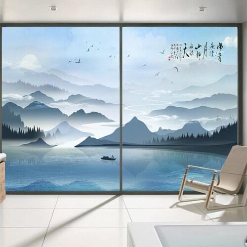 Customized Office Chinese Landscape Decorative Glass Film Translucent Opaque Bathroom Bathroom Living Room Door Window Film