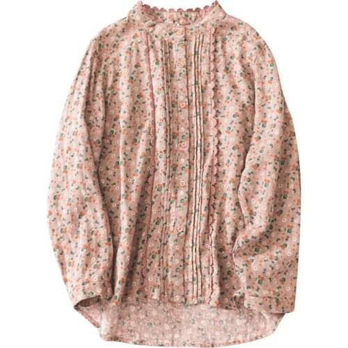 FairyNatural Women Lace Edge Stand Collar Pleated Rustic Flowers Print Shirt Double Layer Ladies Blouse Tops 2021 Spring Autumn