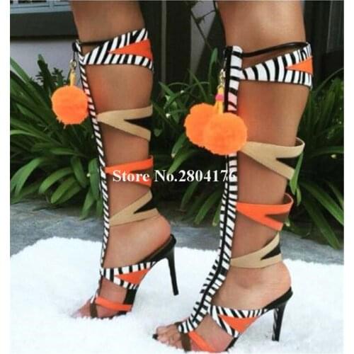 Women Western Style Open Toe Stiletto Heel Knee High Gladiator Boots Cut-out Stripes Patchwork Long High Heel Sandal Boots