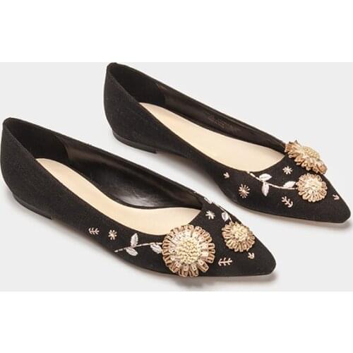 2021 Summer Ballet Shoes Flats Shoes Women Pointed Fairy Style Black Flat Single Shoes Four Seasons Handmade Flower Casual Shoe