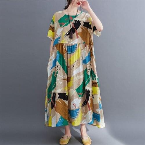 Oversized Women Cotton Linen Casual Dress New 2021 Summer Vintage Style O-neck Print Loose Comfortable Female Long Dresses S3242