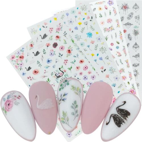 1 Sheet 2021 Arrival New 3D Nail Art Sticker Slider Black White Swan Letter Flowers Leaf Adhesive Nail Decals Foil Nail Stickers