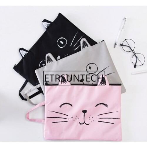 100pcs/lot Large Cute Cat Zipper Canvas Bag Student Stationery Cartoon Paper Receiving Bag Handbag A4 Paper Zipper Handbag