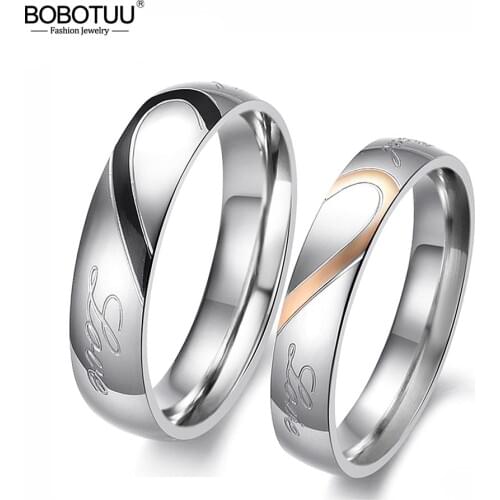 BOBOTUU Romantic 316L Stainless Steel Silver Half Heart Simple Circle Real Love Couple Rings Jewelry Engagement Ring BR19181