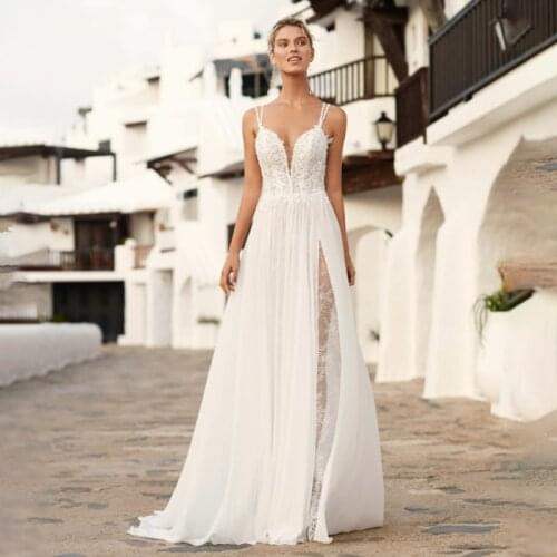 Side Slit Boho Wedding Dress 2021 Backless Sexy Tulle Bride Dress Spaghetti Strap Weeding Gowns robe de mariee