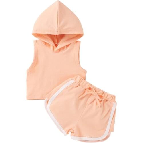 Kids Baby Girls Clothes Set Summer Children Toddler Outfits Solid Color Sleeveless Hoodie Top Striped Shorts Set Sportwear