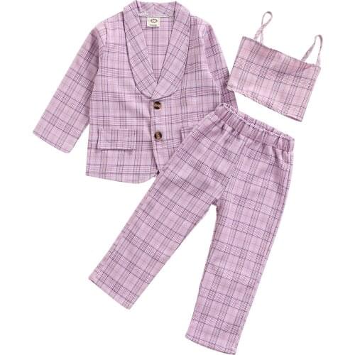 Formal Kids Baby Girls Suits Autumn Fashion Plaids 3Pcs Sets Long Sleeve Lapel Suit Tops+Long Pants+Straps Camisole for 2-7Years