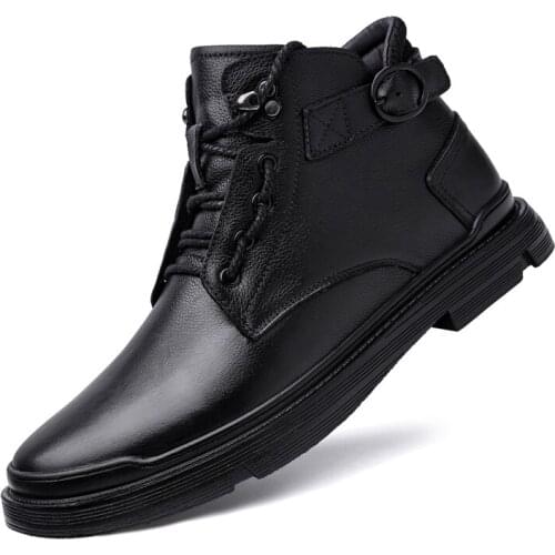 Fashion high-end leather mens Martin boots, business casual plus velvet high-top boots, black motorcycle tooling mens boots