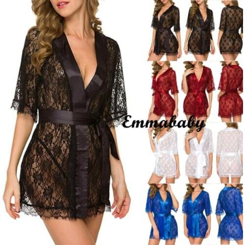 2020 Newest Hot Womens Bathrobe Sleepwear Sets Sheer Mesh Nightgown Floral Lace Robes Lingerie Female Sexy See Through Robes