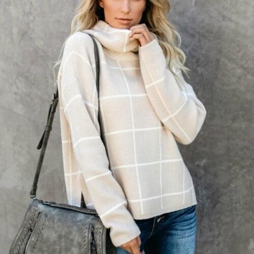 2020 Winter New Womens Pullovers Sweater Fashion Plaid Turtleneck Women Loose Knit Full Sleeve Korean Sweaters Casual Tops