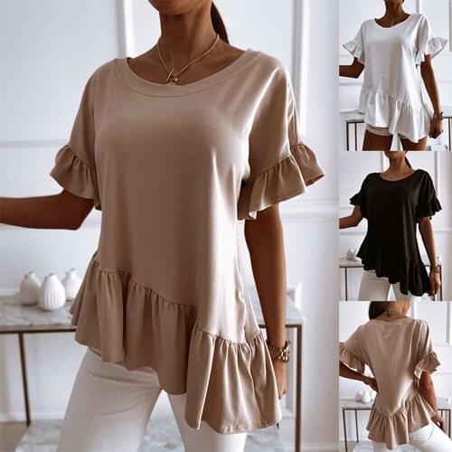 Casual Short Sleeve Ruffles Loose T Shirt Top Woman Fashion O-neck Pure Color T Shirts For Women 2021 White Irregular Tops Femme