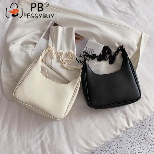 Leisure Women PU Leather Subaxillary Bags Female Chain Pure Color Shoulder Bags Small Crescent Shape Armpit Bags