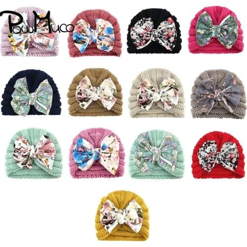 Powmuco 16*14 CM Comfortable Warm Knitting Wool Striped Caps Cute Print Bows Infant Hat Children Headwear Kids Photography Props