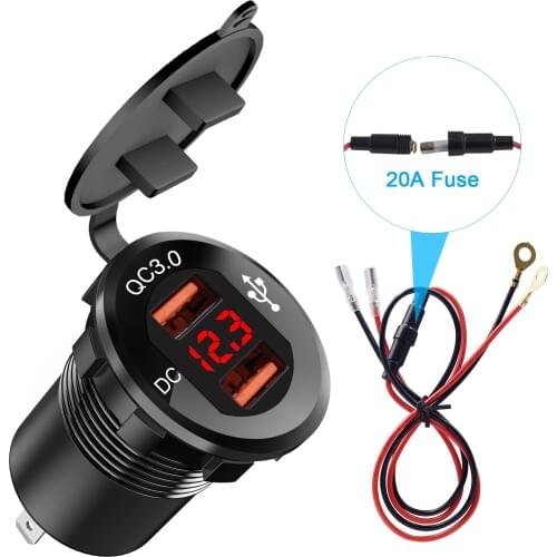 Dual USB Charger Socket with Voltmeter Red LED Light QC 3.0 Usb Fast Charge for 12-24V Car Boat marine ATV RV Motorcycle