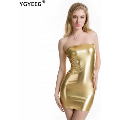 YGYEEG Sexy Dresses Party Night Club Clothes Plus Size Laser Reflection Strapless Women Summer Mini Sheath Gold Silver Vestidos