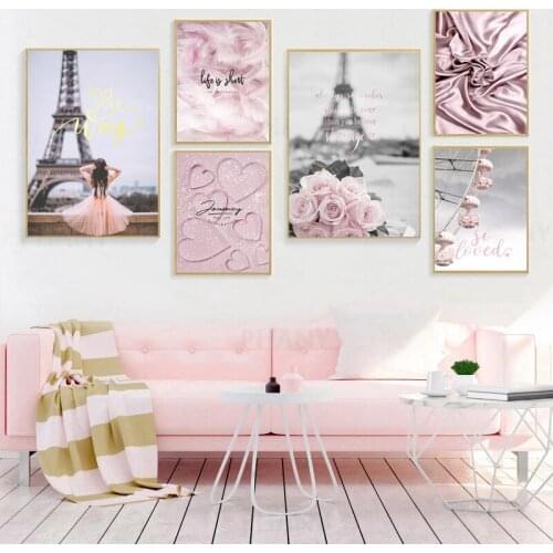 Scandinavian Love Print Poster Romantic French Paris Pink Floral Feather Canvas Oil Painting Wall Art Modern Girl Room Decor