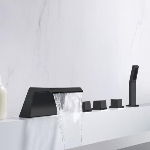 Matte Black Solid Brass 5 Holes Jacuzzi Bathtub Faucet Hot and Cold Bathtub Waterfall Tap With Hand Shower