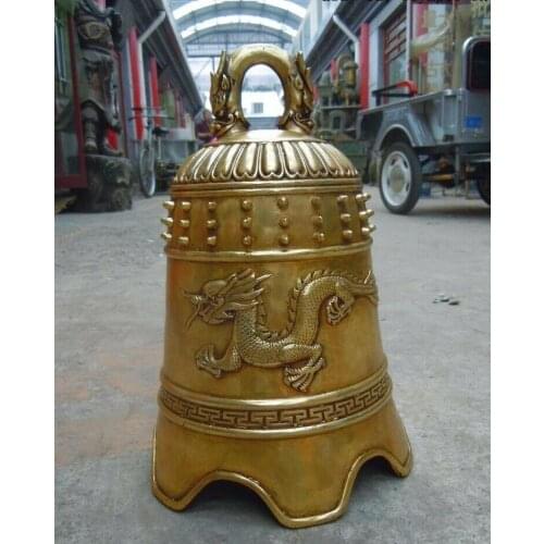 12" China brass copper carved beautifully luck dragon bell Sculpture statue