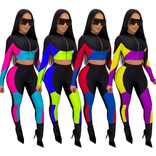 Winter Women Sets Tracksuits Zipper Crop Top Skinny Pants Patchwork Color Two Piece Suit Casual Sportswear Sweat Suit GL5098
