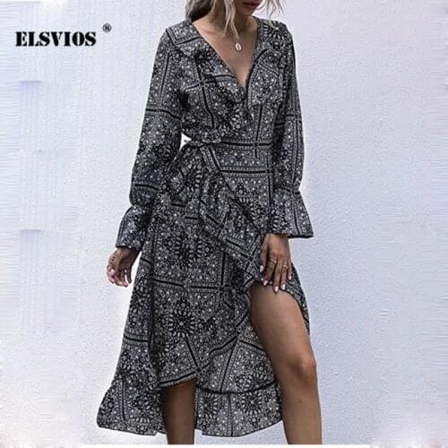 Autumn New Sweet V Neck Ruffle Floral Print Dress Casual Slim Long Sleeves A-line Dresses Sexy Elegant Office Lady Party Dresses
