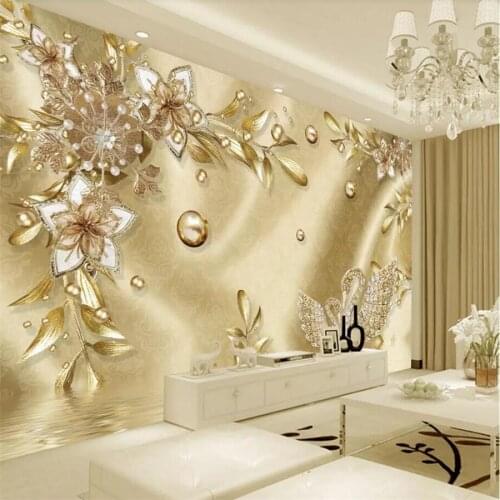 Beibehang Custom large wallpaper 3d living room mural European luxury golden flower jewelry TV background wall papers home decor