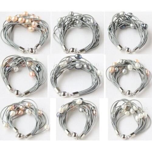 8" 13mm 15row white pink purple gray black Assorted pearls beads Strand gray leather bracelet j9673