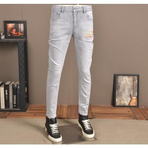 Ripped Jeans Men Fashion Letter Embroidery Gray Denim Trousers Streetwear Casual Slim Fit Pencil Pants