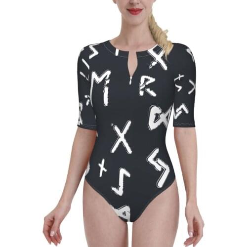 Women 2021 Exotic Bikinis Viking Runes Futhark Design Vikings Half Sleeve Zip One-Piece Swimwear Odin suit SwimSuit For Women