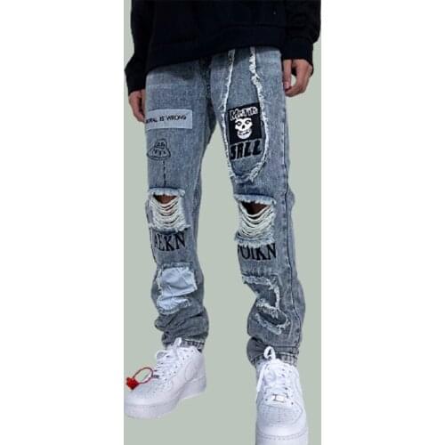 Hip Hop Embroidery Skull Reflective Rubber Patchwork Jeans Men Harajuku Hole Streetwear Patch Trousers 2021 Autumn Joggers Pants