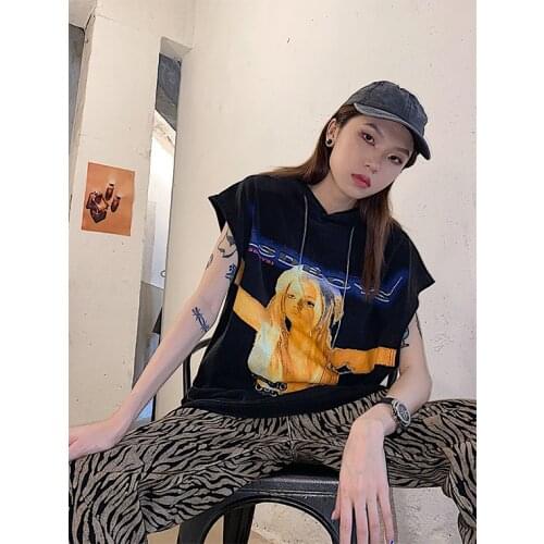 High street Vintage printed sleeveless summer Hooded t-shirts mens and womens trendy loose top tees