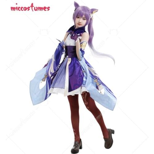Genshin Impact Keqing Purple Gradient Sleeveless Dress Full Set Cosplay Costume with Separate Gloves Stockings and Choker