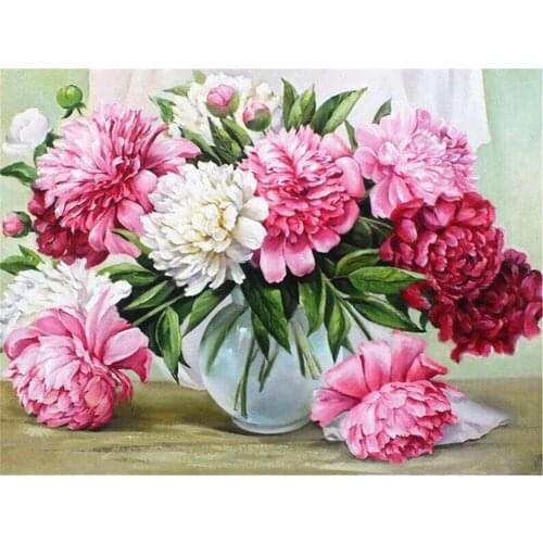 Peony Flowers House Printed Water-Soluble Canvas 11CT Cross-Stitch Full Kit Embroidery DMC Threads Knitting work Promotions