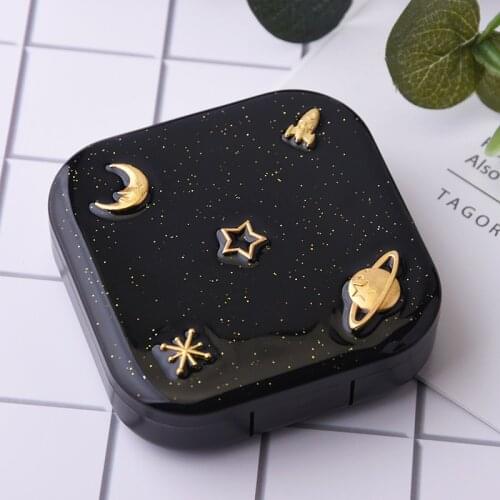 Mini Contact Lens Container Box Moon Star Space Pattern Square Travel Case with Mirror Beauty Tools Travel Kit 6.8X6.8X1.9cm EK