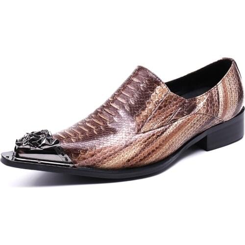 Mental Pointed Toe man style Genuine Leather Loafers leather shoes Mens low heelMen Metal Tip Wedding shoes